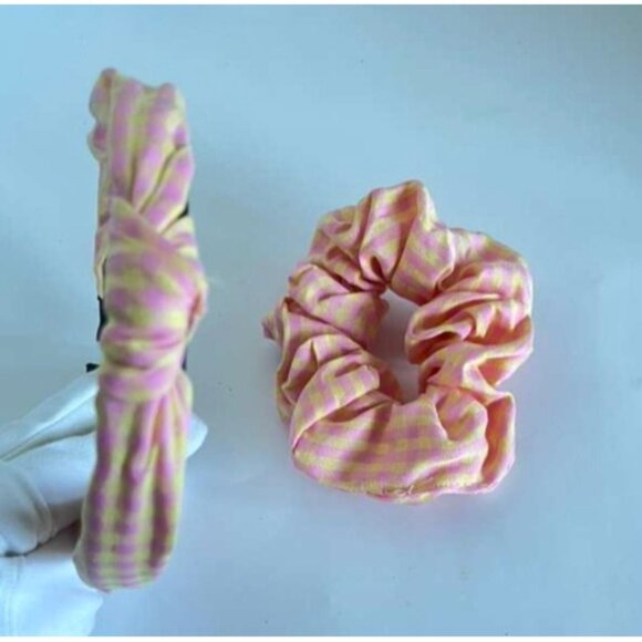 Girls Pink & Yellow Check Headband & Scrunchie Set – Stylish Hair Accessory Bund - Picture 3 of 12